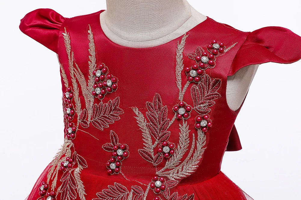 5018 rotes Mädchen-Prinzessinnenkleid mit bestickten Perlen für 3 bis 12 Jahre Mädchen-Schwanz-Partykleid für Kinder, Schulperformance-Kostüme.