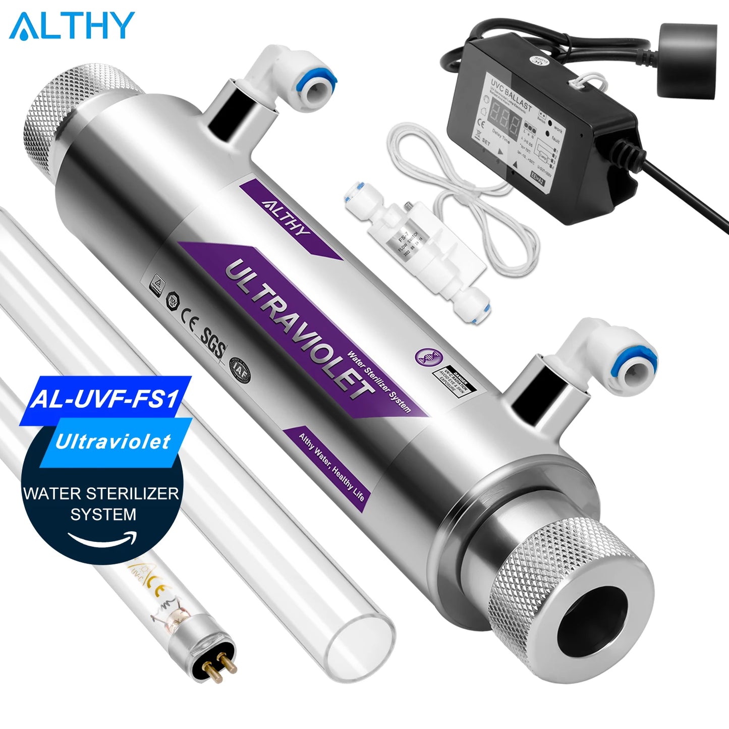 ALTHY UV Ultraviolet Water Sterilizer Purifier System Disinfection Filter Lamp + Flow Switch Control Stainless Steel 1GPM