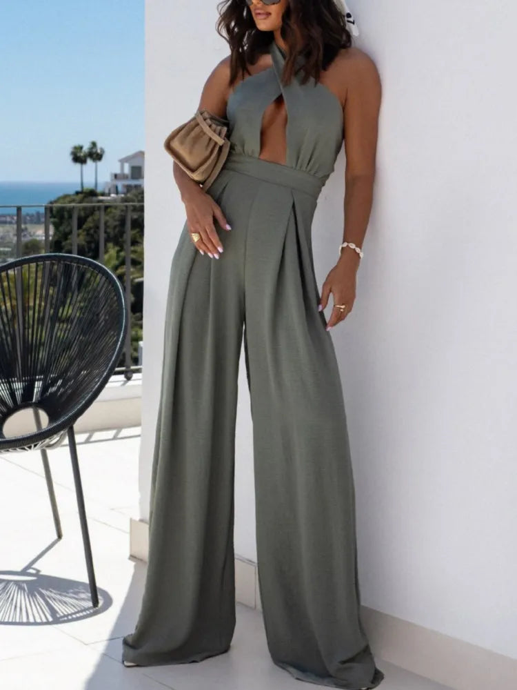 Sexy Backless Halter Neck Sleeveless Bandage Jumpsuit Summer Women Fashion Red Black Hollow Out Wide Leg Jumpsuits Streetwear