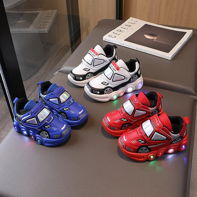 Diseny Kids'Casual Shoes Led Light Car Club Cartoon PU Leather Spring Shoes For Children Anti-slip Red Blue Shoes Size 21-30.