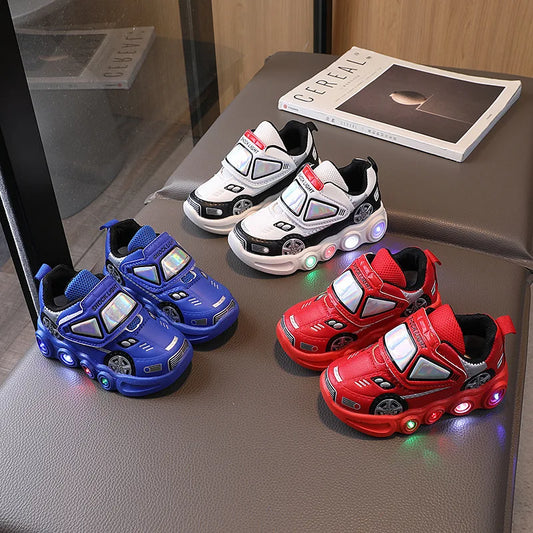 Diseny Kids'Casual Shoes Led Light Car Club Cartoon PU Leather Spring Shoes For Children Anti-slip Red Blue Shoes Size 21-30.