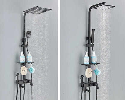 Rainfall Bathroom Shower Faucet Kit With Bidet Wall Mounted Stainless Steel Hot Cold Water Mixer Tap System With Rack,Tub Spout