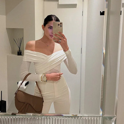 Y2K Women Sexy Off Shoulder Bodysuit Solid Color Long Sleeve Skinny Romper Crossed Folds Fashion Streetwear Autumn.