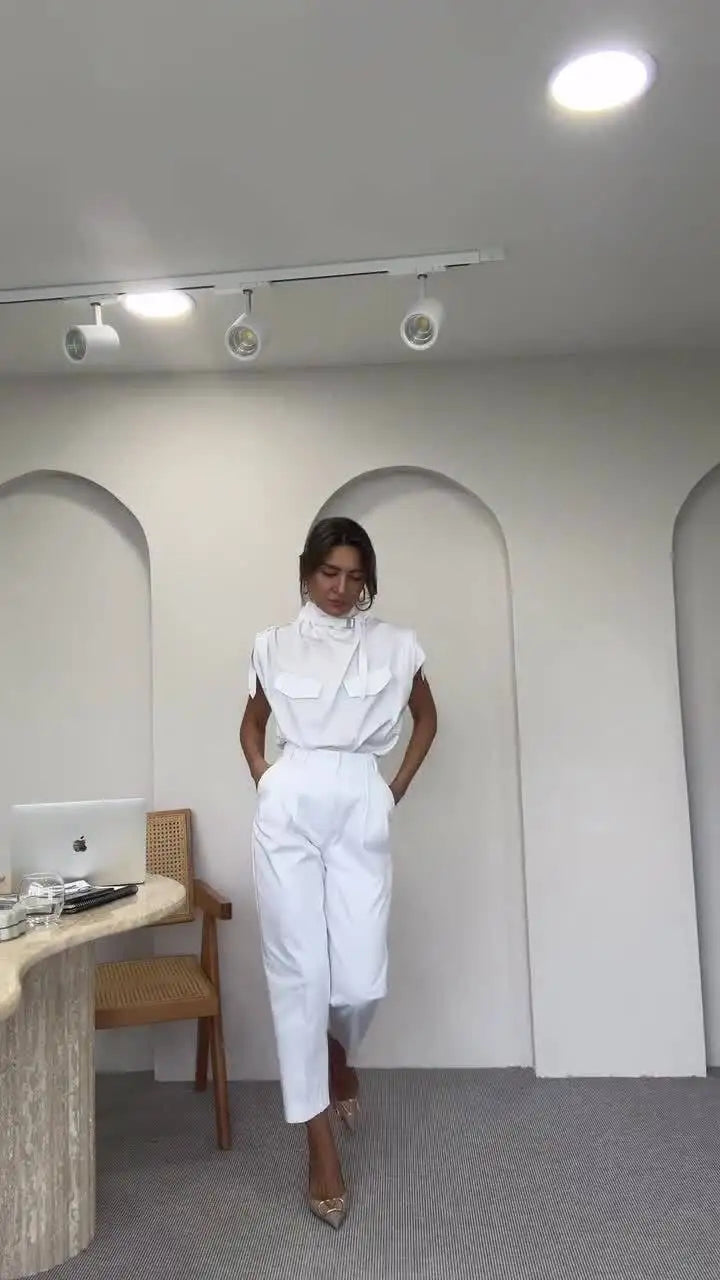 Spring Summer New Women's Clothing Personalized Shoulder Slimming Waist-Slimming Belt Decoration Blouse Top Pants Set.