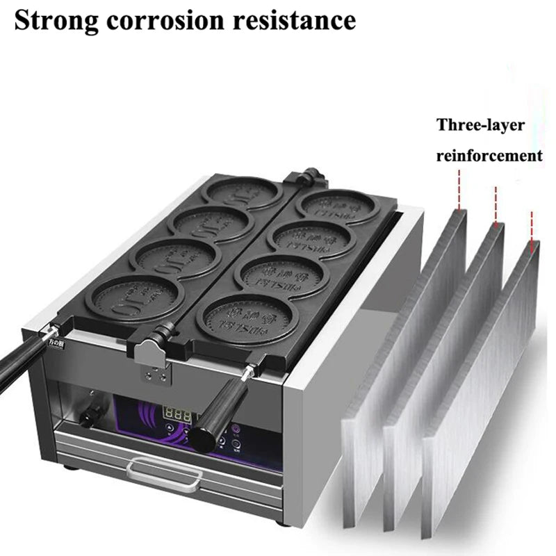 4pcs Non-stick Coating Gold Coin Waffle Machine Korean 10 Won Gold Coin Waffle Maker Machine 3000W Round Coin Cake Machine.