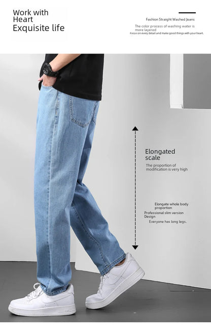 Light Blue American Retro Jeans Men Soft Loose Straight Cylinder High Street Workwear Casual Loose Legs Pants.