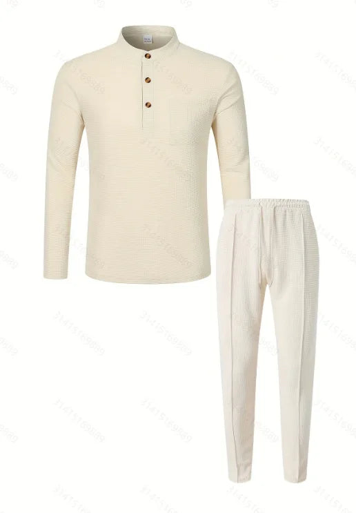 Men's Waffle Check Stand-Up Collar Semi-Casual Business Suit Two-Piece Set Button-Down Top with Comfortable Trousers.