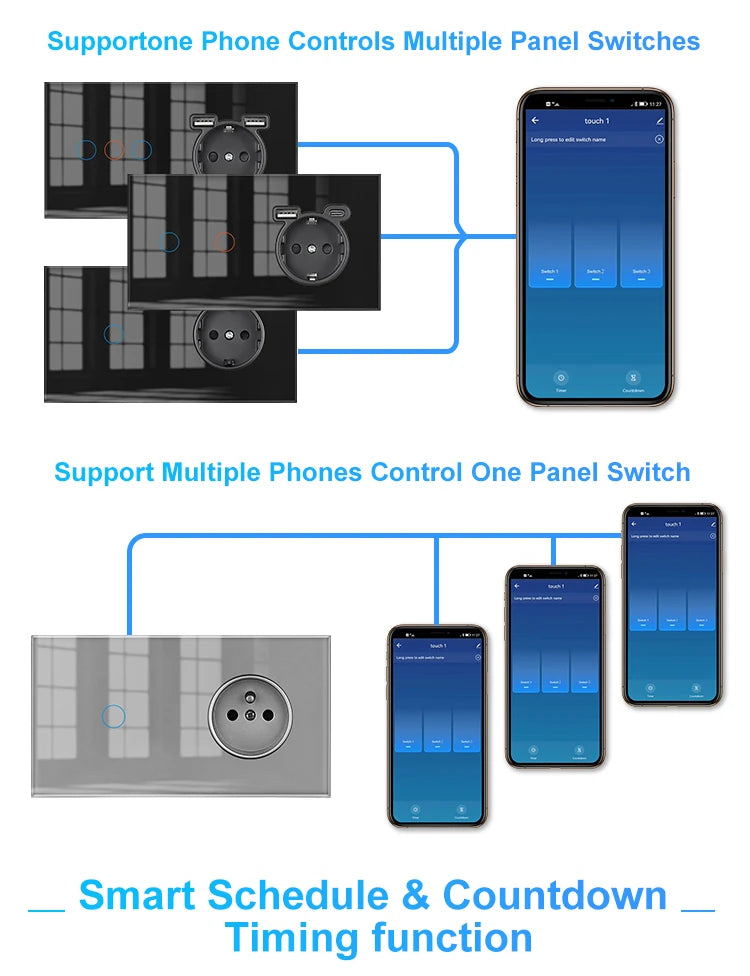 SRAN Smart Switch mit Wandsteckdose 16A EU, Tuya Smart Life Home Touch Sensor WiFi Lichtschalter Weiß.