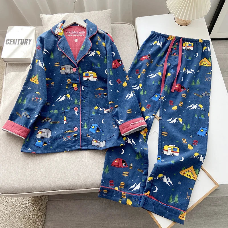 2025 New Pajamas Suit Cotton 2 Piece Set Women Print Cartoon Nightwear Long Sleeve Trousers Set Autumn Loungewear Home Clothes.