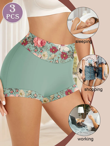 3pcs Plus Size High-Waist Shapewear Panties for Women - Tummy Control & Butt Lift, Comfort Fit with Elegant Floral Print.