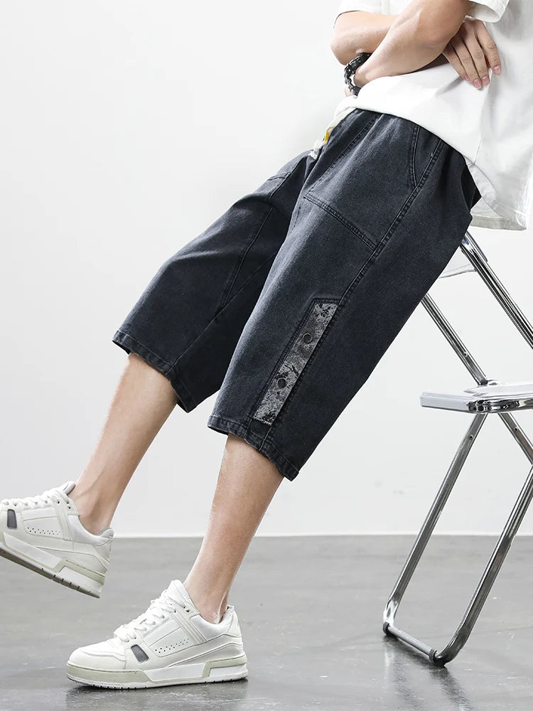 Summer Men's Jeans Denim Breeches Calf-Length Casual Shorts Washed Cotton Drawstring Straight Capris Pants Big Size 8XL.