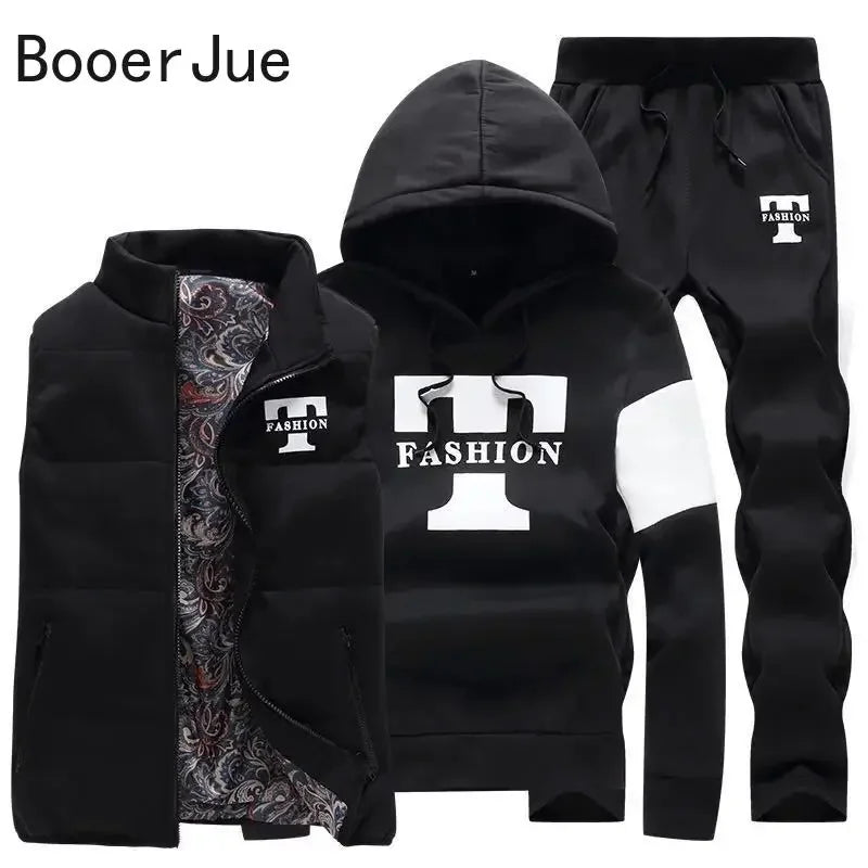 3 Pieces Set Hoodies+Vest+Pants Casual Men's Track Suit Clothing Coats Winter Thick Warm Tracksuit for Men Printed Mens Set Vest