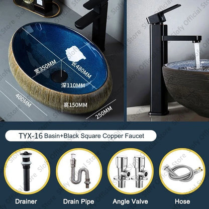 Vintage Elegant Countertop Washbasin Classic Blue Art Hotel Ceramic Basins Sink Multiple Styles Outdoor Balcony Bathroom Sinks