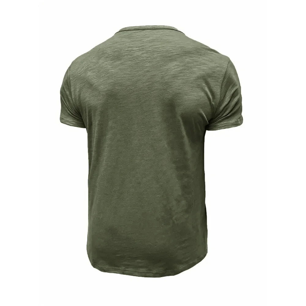 Summer Men's Cotton T-shirt Short-sleeve Henley Collar Casual Solid Color Button Tees Polo High Quality Male Cozy T-shirts.