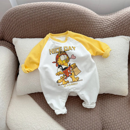 Cartoon gelber Bär gestreifter Body Frühling Herbst weiche Baumwolle Baby kleidung Overall Neugeborene Kleidung K6181-1.