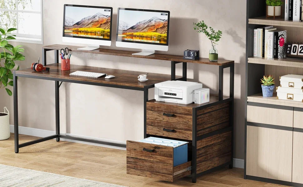 Tribe signs 63-Zoll-Computertisch mit Akten schubladen schrank, ergonomischer Schreibtisch mit Monitorst änder, industrieller Computer tisch