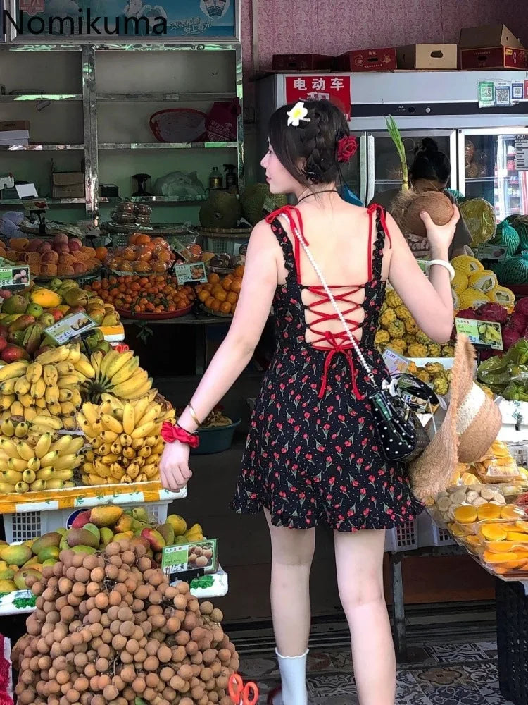 Koreanische Kleid Frauen Süße Bogen Bandage Ärmellose Backless Robe Femme Floral Mode Sommer Mini Kleider 2025, Vestidos De Mujer.