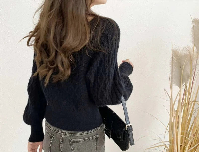 Frauen Square Neck Verdicken Rippe Pullover Laterne Hülse Lose Büro Stricken Pullover Frauen Herbst Winter Casual Feste Warme Pullover.