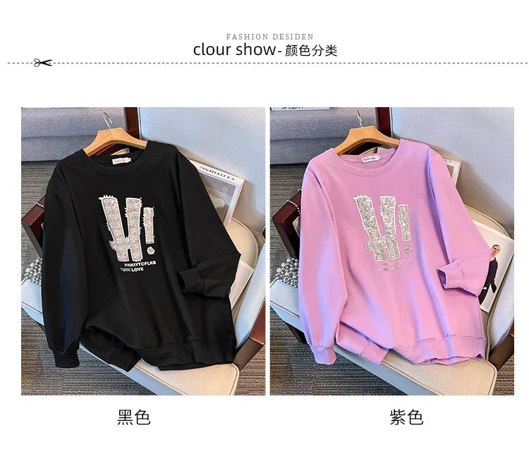 175kg plus size Damen büste Frühling Herbst loser Rundhals ausschnitt Langarm bedrucktes Sweatshirt schwarz lila 5xl 6xl 7xl 8xl 9xl.