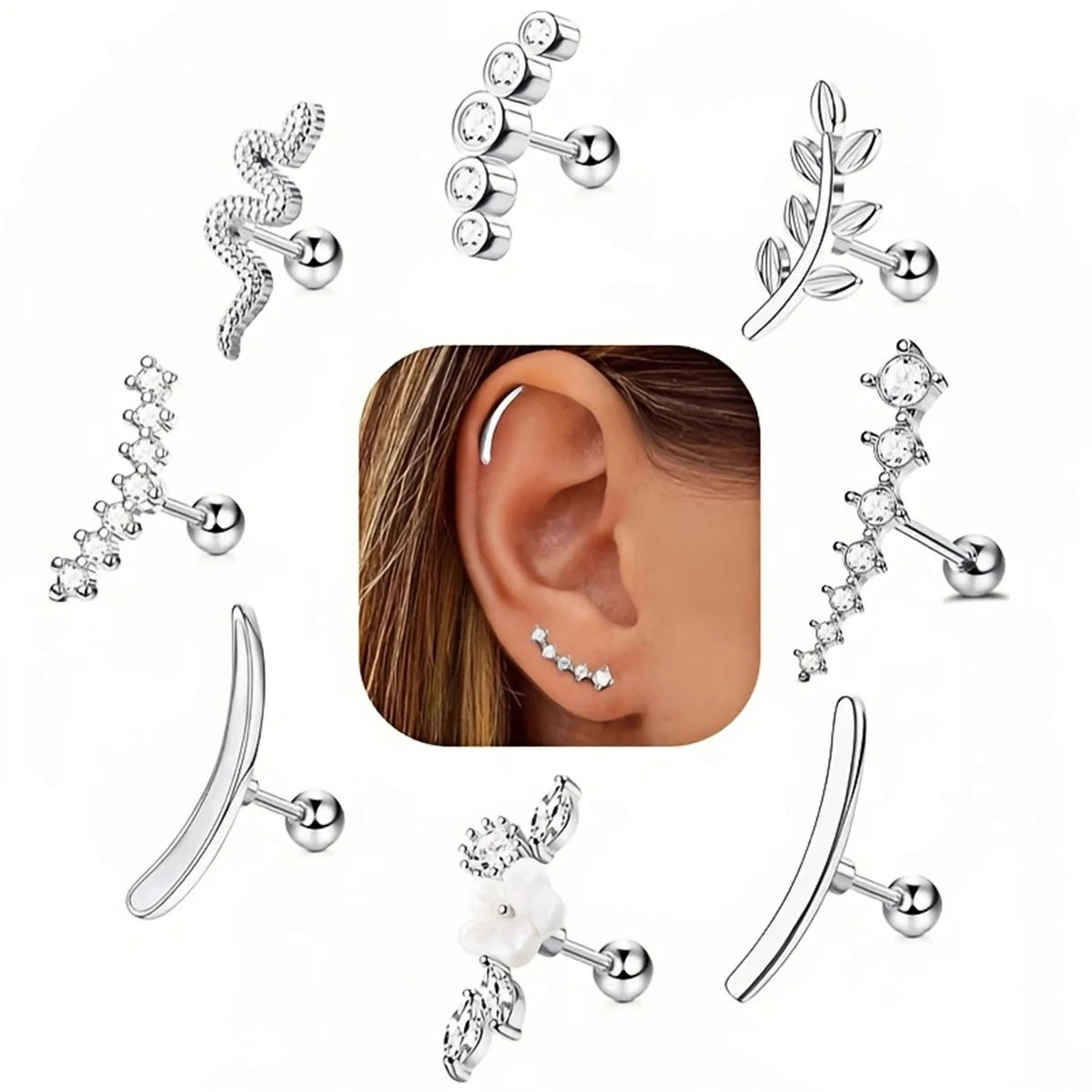 1/4/6/8Pcs 16G Stainless Steel Screw Back Stud Earrings for Women,Cubic Zerconia Cartilage Conch Helix Ear Piercing Jewelry.