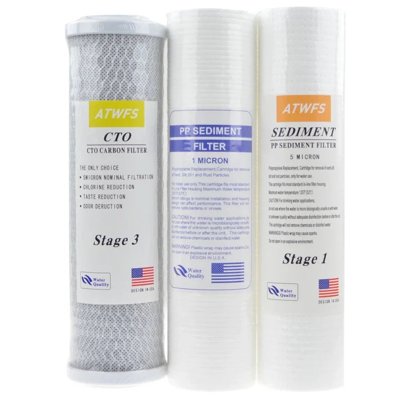 ATWFS 10" Universal PP Sediment / 5 Micron / 1 Micron PP Cotton+CTO Carbon Filter+T33 Reverse Osmosis System UF Water Treatment