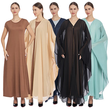Ramadan Muslim Sets for Women Chiffon Kimono Jalabiya Long Dress Dubai Abaya Turkey Kaftan Eid Kebaya Caftan Marocain Femme Robe.