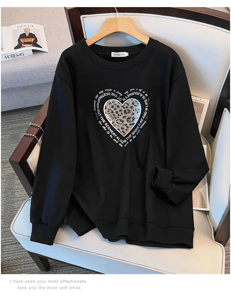 175 kg Plus Size Damen Büste 170 Frühling Herbst Lose Rundhals Langarm Bedrucktes Sweatshirt Schwarz Rosa 5XL 6XL 7XL 8XL 9XL