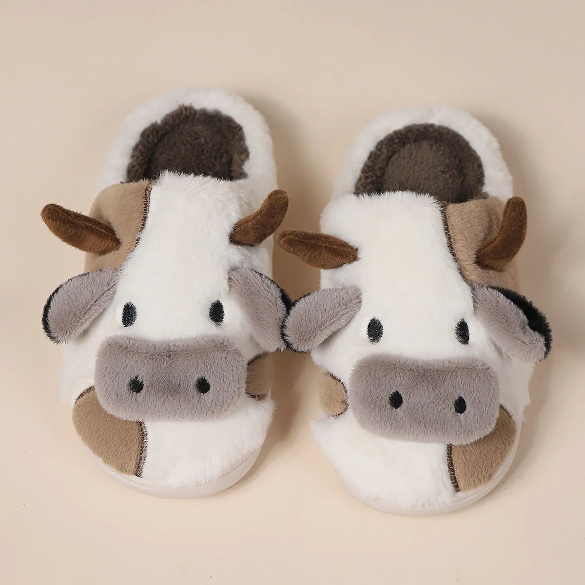 Shevalues Plush Cartoon Milk Cow Slippers Winter Women Slippers Furry Non-Slips Women Cotton Slides Couples Soft Cozy Flat Shoes