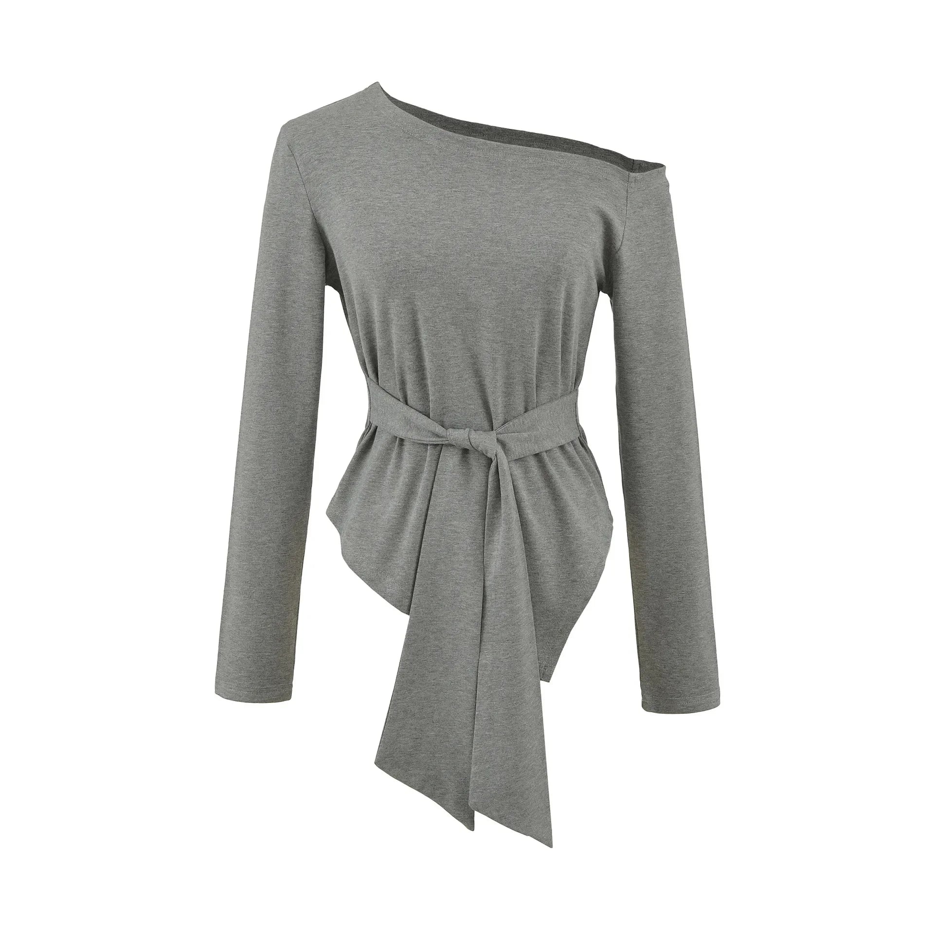 Sexy Long Sleeve T-Shirt Women's Waist Cinched Shoulder Bared Strap Design Autumn 2025 Irregular Halter Neck Top for Trendy Girl.