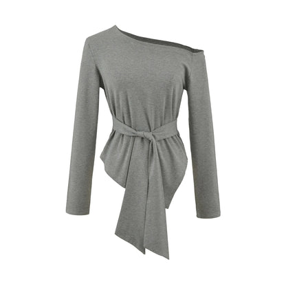 Sexy Long Sleeve T-Shirt Women's Waist Cinched Shoulder Bared Strap Design Autumn 2025 Irregular Halter Neck Top for Trendy Girl.