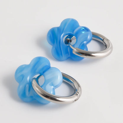 Colorful Flower Glass Drop Charms Earring Gold Color Circle Ear Buckle Hoops Stainless Steel Earrings Fashion Jewelry for Women.