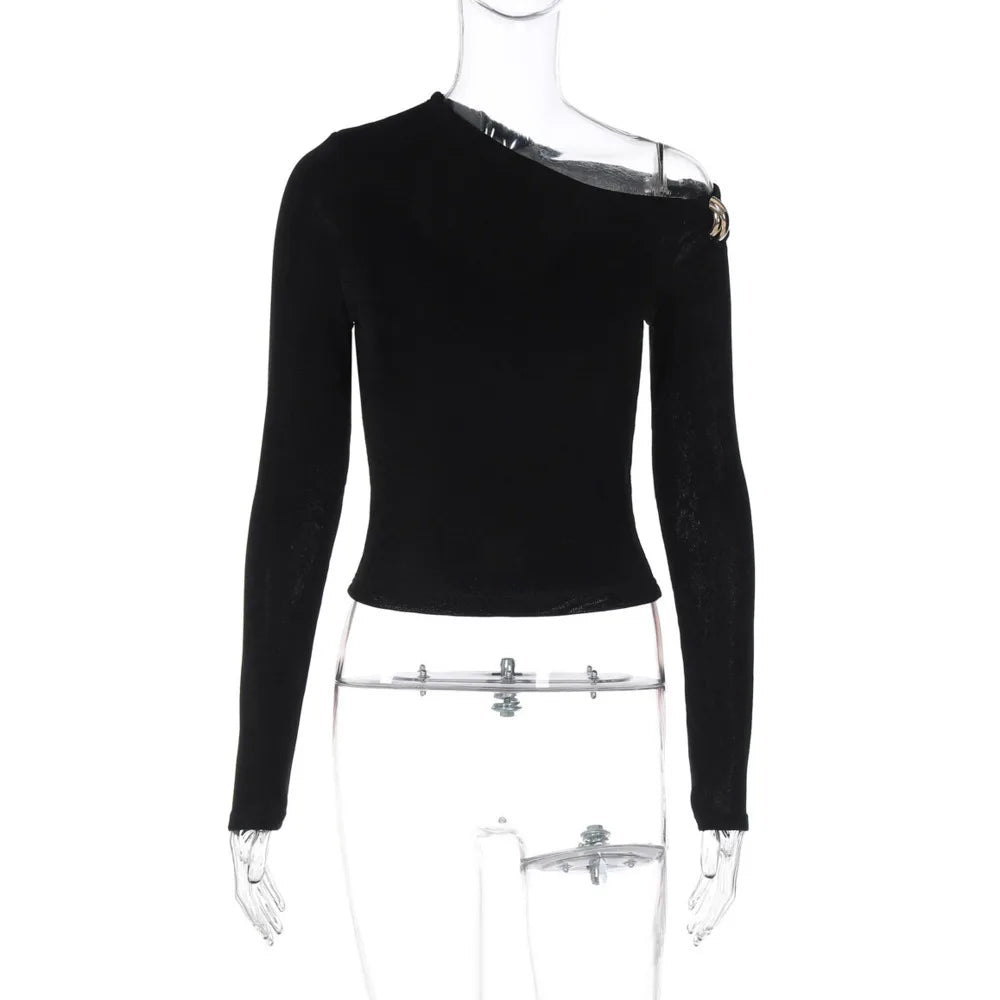 Blifanbo Oblique Shoulder Long Sleeve Tops For Women Metal Buckle Slim Fit Sexy Solid Color Bodycon Fashion BasicTop Streetwear.