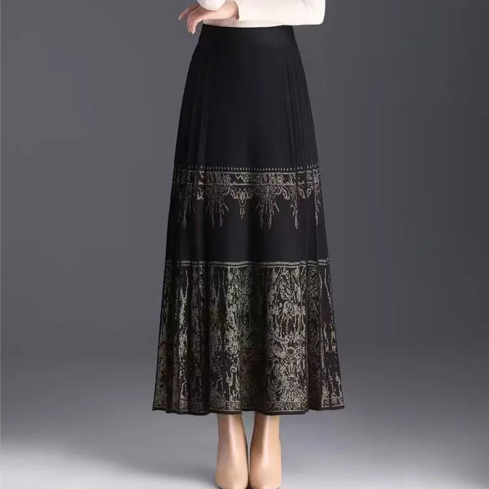 FairyShely Pleated Knitted Skirt For Women 2025 Autumn Winter Warm High Waist Long Skirts Ladies Plus Size Black A-line Skirt.