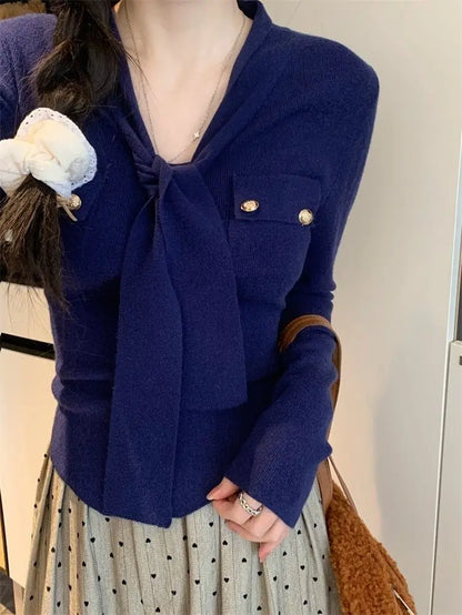 Frauen Frühling Herbst Einfachheit Büro Dame V-ausschnitt Einfarbig Langarm Strickwaren Damen Mode Alle-spiel Temperament Tops.