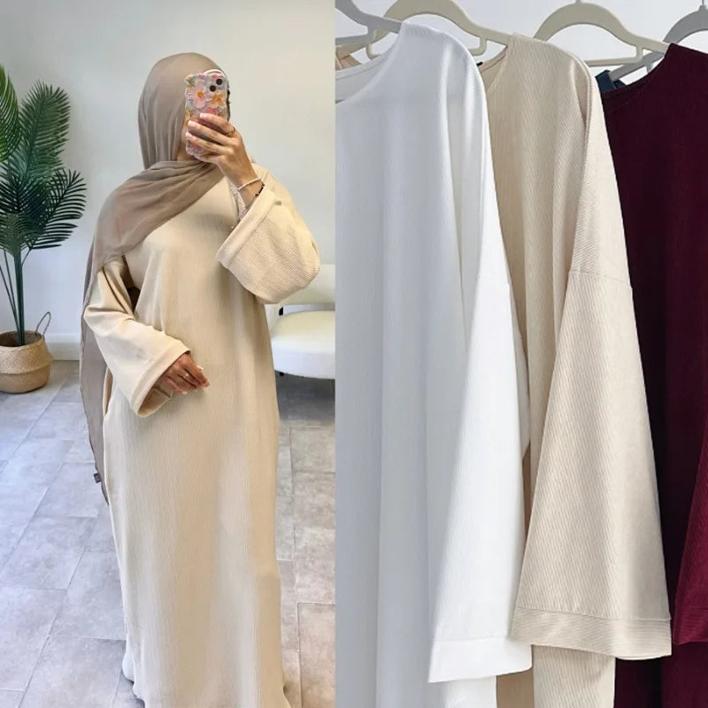 Warm Arabic Corduroy Abaya Dress for Women Ramadan Dubai Women Modest Muslim Coat Winter Islam Clothing New Turkey Solid Robe.