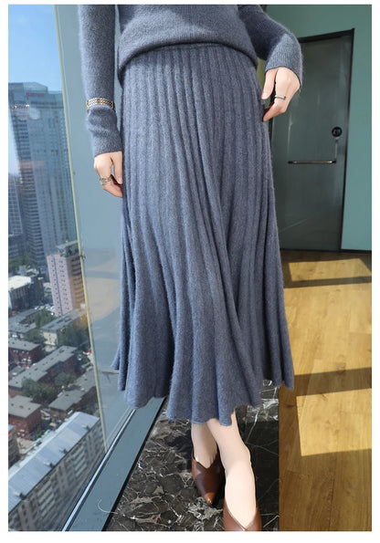 Autumn And Winter Fashion Mink Cashmere Mid Length High Waist Skirt For Women, Knitted Umbrella Skirt, Fashionable Pleated Skirt.