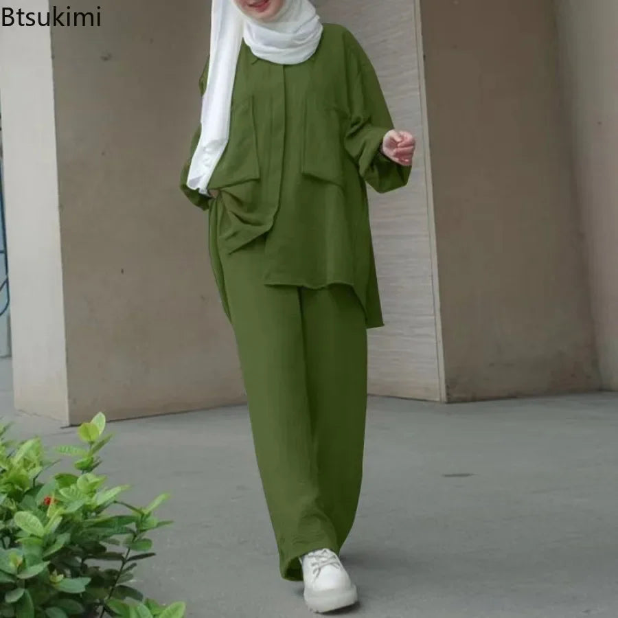 Frauen Casual Muslimischen Anzug Solide Abaya Eid Ramadan Langarm Bluse + Hosen 2-teiliges Set Dubai Türkei Kaftan Frauen islamische Kleidung.