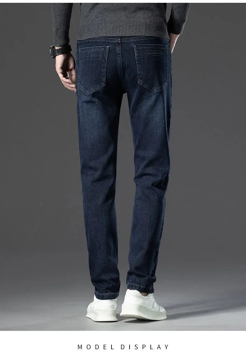 Autumn New Men's Business Jeans High Elasticity Straight Denim Trousers Men's Pants Work Clothes Haze Blue Black Gray Brand.