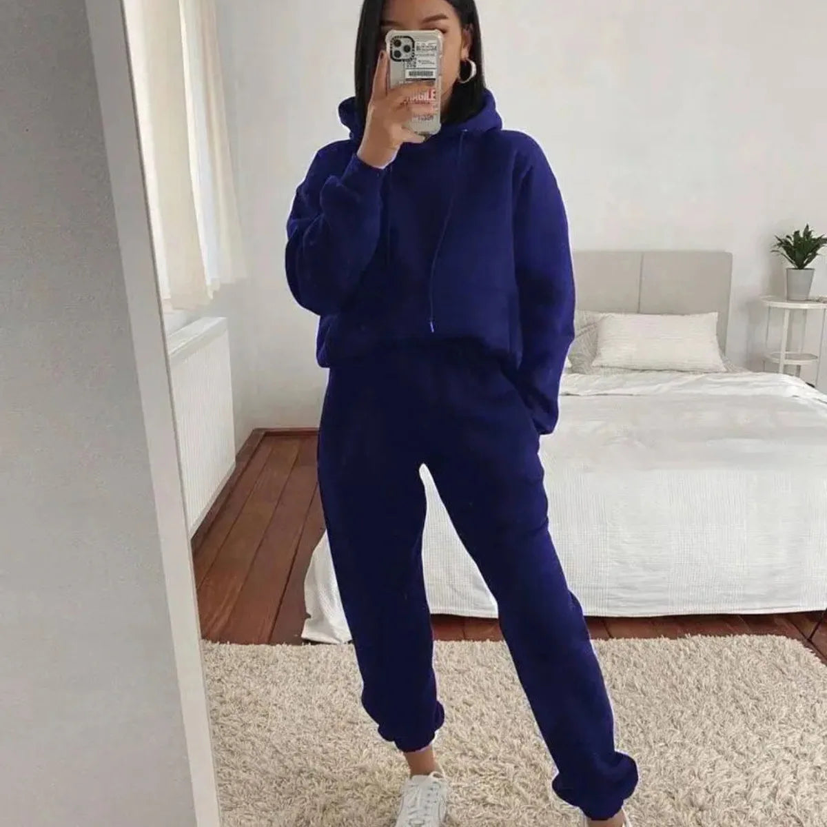 Women's Pocket Long-sleeved Hooded Sweatshirt Casual Set Autumn Winter New Solid Color Loose Sport Long Pants 2 Piece Set Female.