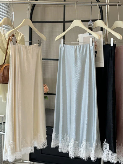 Satin Lace Patchwork Midi Skirt 2025 Women A-line Elegant Smooth Skirt Women Clothing.