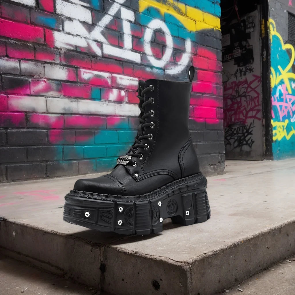 2025 New Punk Women Platform Ankle Boots Female's Rock Round Toe Lace Up Fashion Retro Chunky Shoes Metal Decor Short Boots.