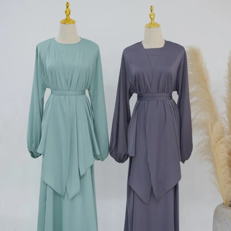 2-teiliges Saudi-Arabien muslimisches Damen-Abaya-Kleid aus Satin für Damen, Islam, Dubai, Urlaub, bescheidene Kleidung, 2024, elegante türkische Robe