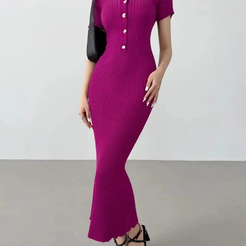 OCEANLOVE Meerjungfrau Rüschen Kleider für Frauen Gestrickte Solide Einreiher Sexy Vestidos Mujer Mode Frühjahr Sommer Langes Kleid.