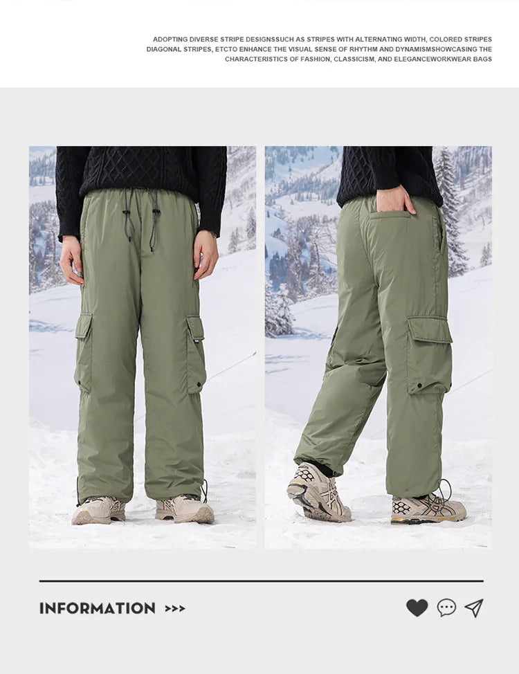 Winter Duck Down Skiing Cargo Pant Men Women Outdoor Thick Warm Loose Casual Sports Techwear Down Pants Track Trouser Sweatpants.