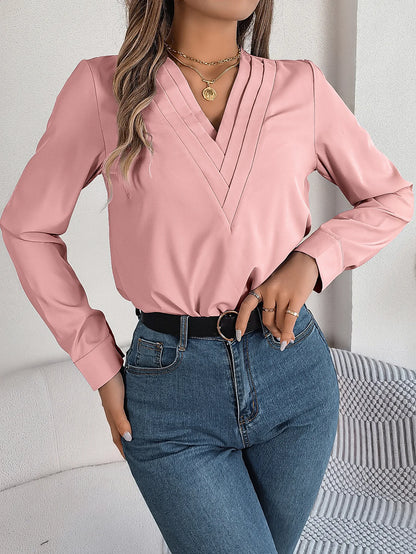 Summer And Autumn Women's Casual Shirt, Commuting Style Solid Color V-neck Long Sleeve Shirt Top