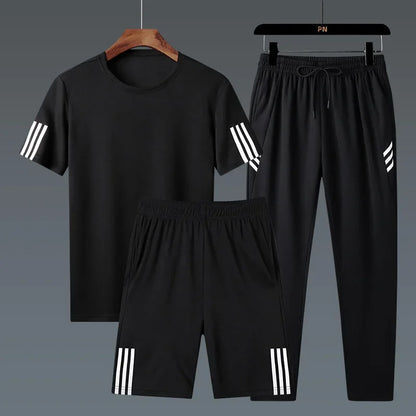 Summer Casual Sports Men's Short Sleeve T-Shirt plus Size Three-Piece Set New Style Long Pants Comfortable Breathable Clothing.