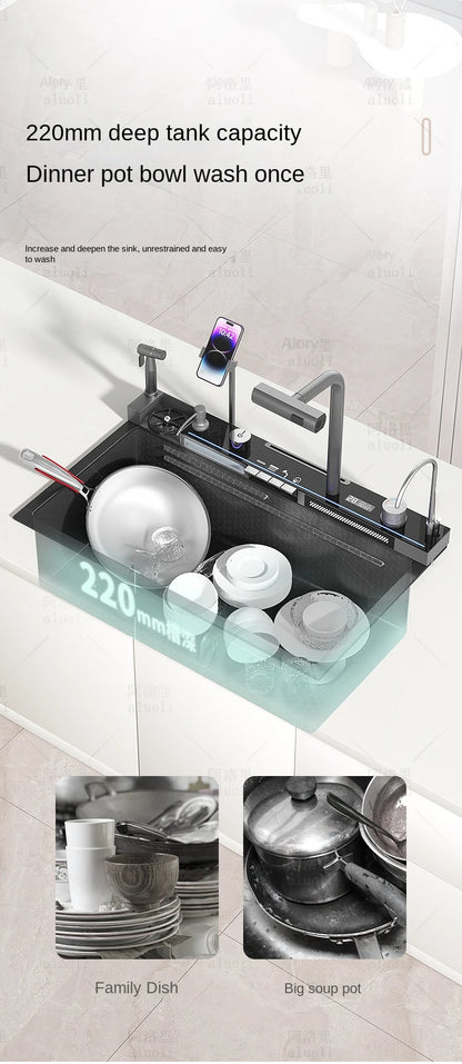 Kitchen 304 Stainless Steel Waterfall Sink, Large Single Slot, Digital Display Embossed Washing Basin Household Dishwashing Sink