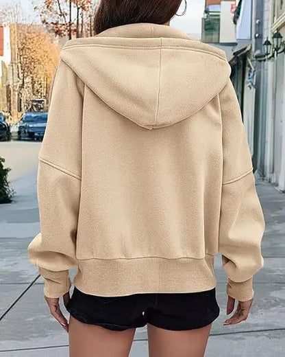 New Solid Color Zipper Splicing Hooded Coat, Women's Autumn Leisure Loose Sports Hooded Long Sleeve Coat Sweatshirt..