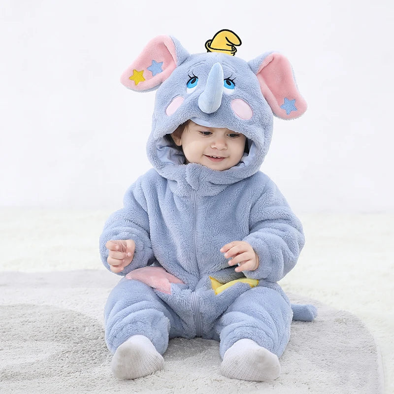 Kigurumis Schöne Elefanten Neugeborenen Baby Kleidung Body Winter Flanell Jungen Mädchen Strampler Warme Cosplay Kostüm Outfit Mit Kapuze.