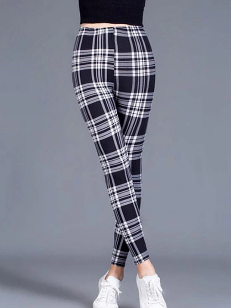 CUHAKCI Mode Plaid Druck Leggings Frauen Sexy Fitness Leggins Grid Floral Streifen Hosen Hohe Taille Bleistift Hosen